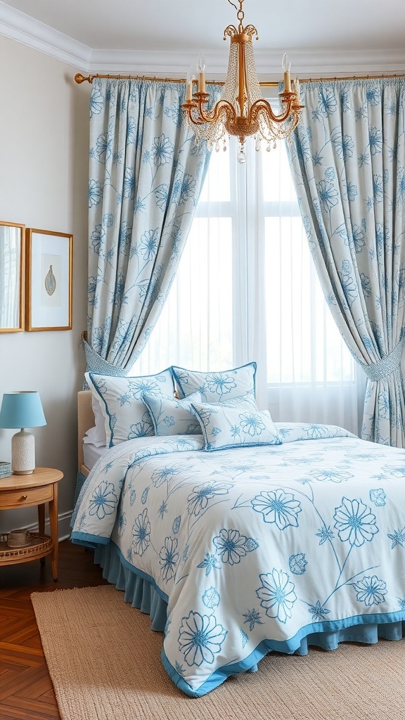 Chic blue and white bedding set with floral patterns and matching curtains