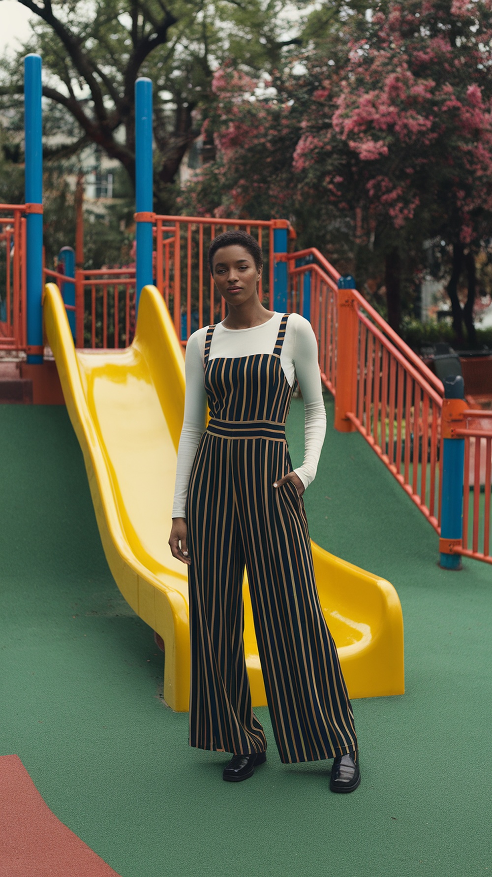 A model wearing a striped jumpsuit with a long sleeve top, standing in a playground setting.