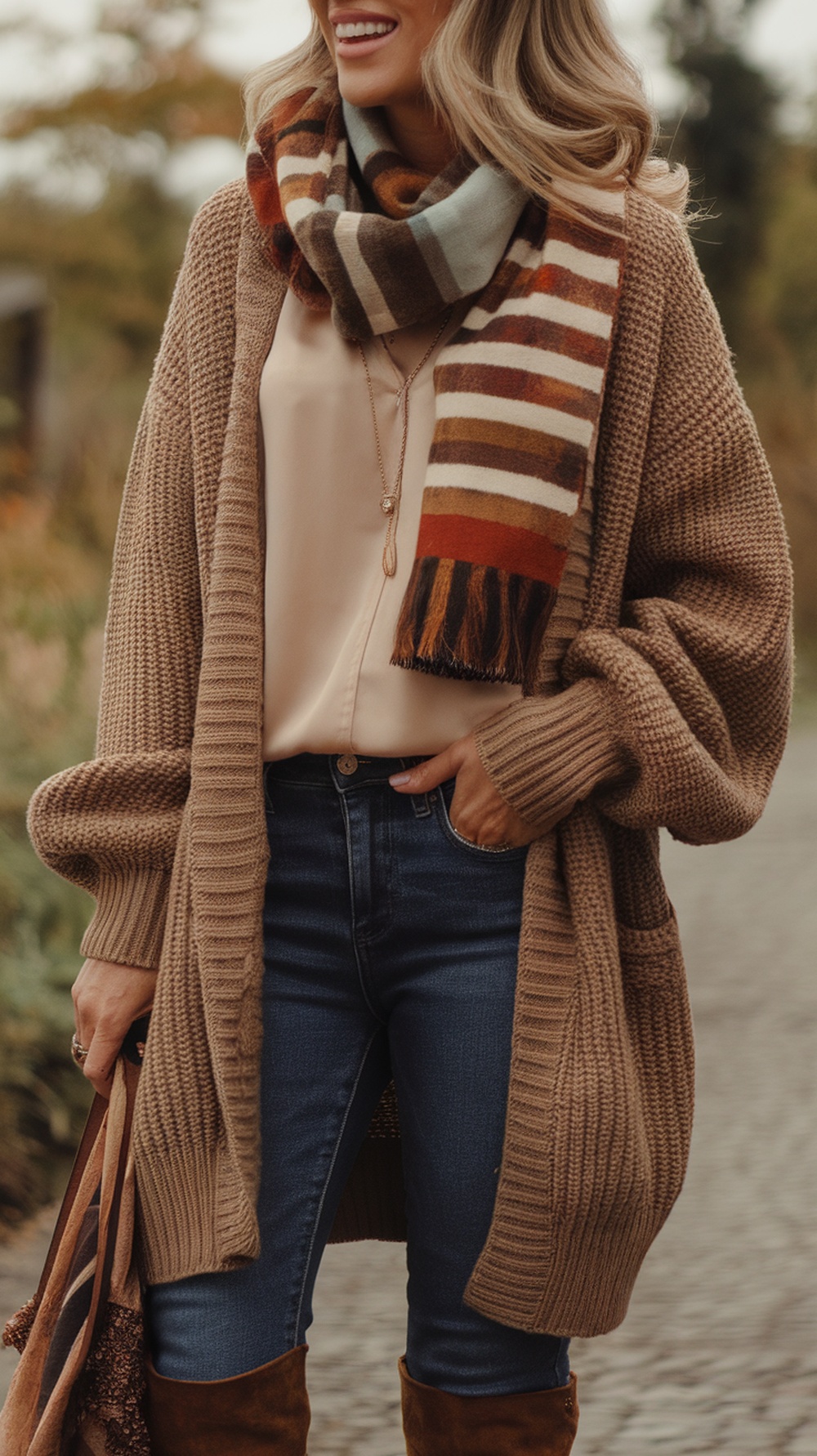 Chic layered outfit featuring a brown striped cardigan, blush blouse, dark denim jeans, a brown hat, sunglasses, and a scarf.