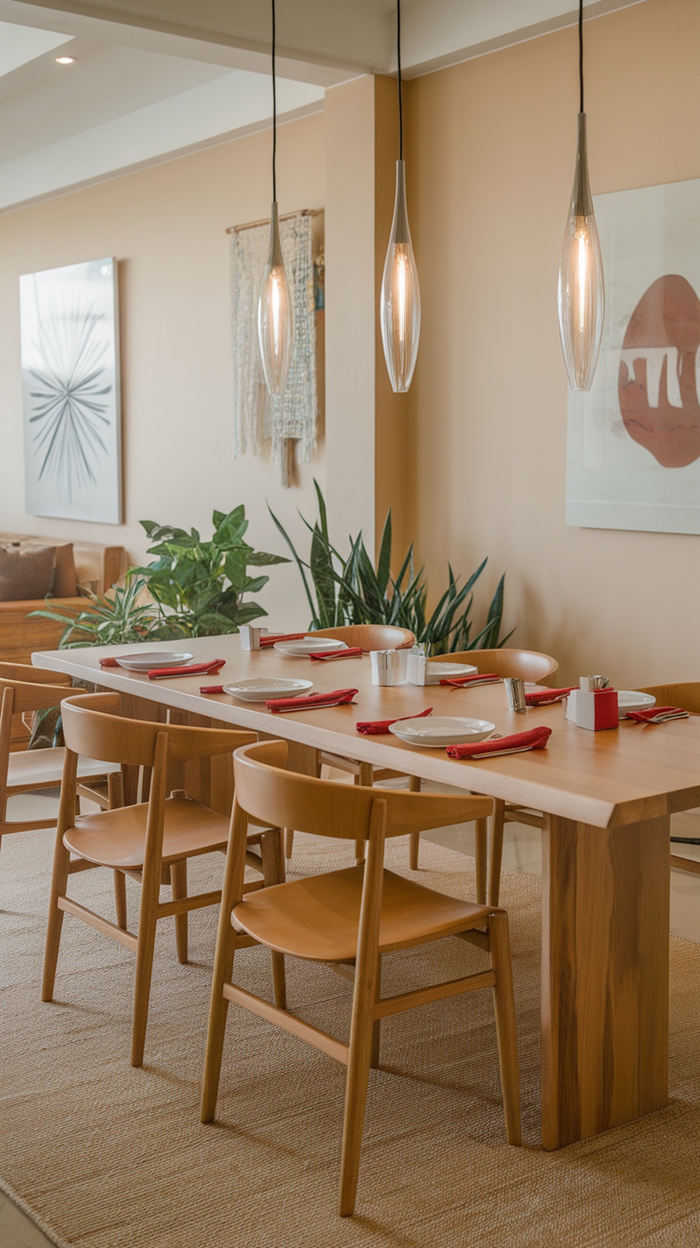 Modern dining area with sleek pendant lights and a wooden table