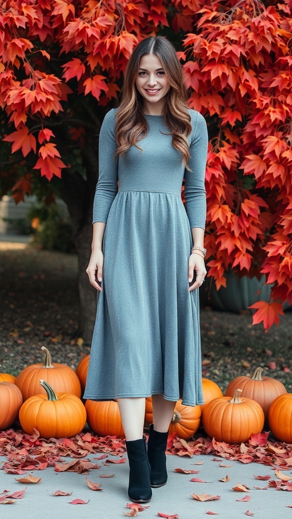 A woman in a gray midi dress and black ankle boots standing among pumpkins and autumn leaves.