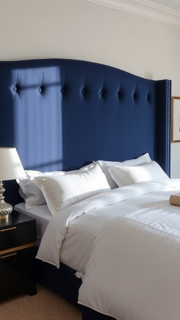 A chic navy blue tufted headboard in a bright bedroom setting with white bedding and black nightstands.