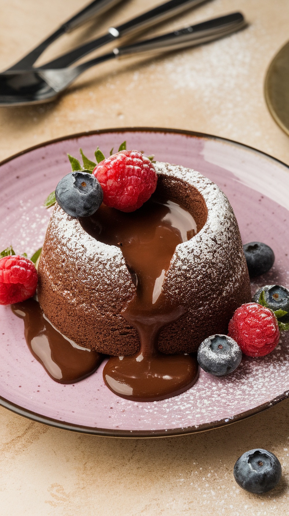 A delicious chocolate lava cake topped with raspberries and blueberries, served on a pink plate.