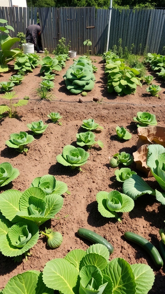 A garden with healthy cabbage and zucchini plants growing in well-drained soil.
