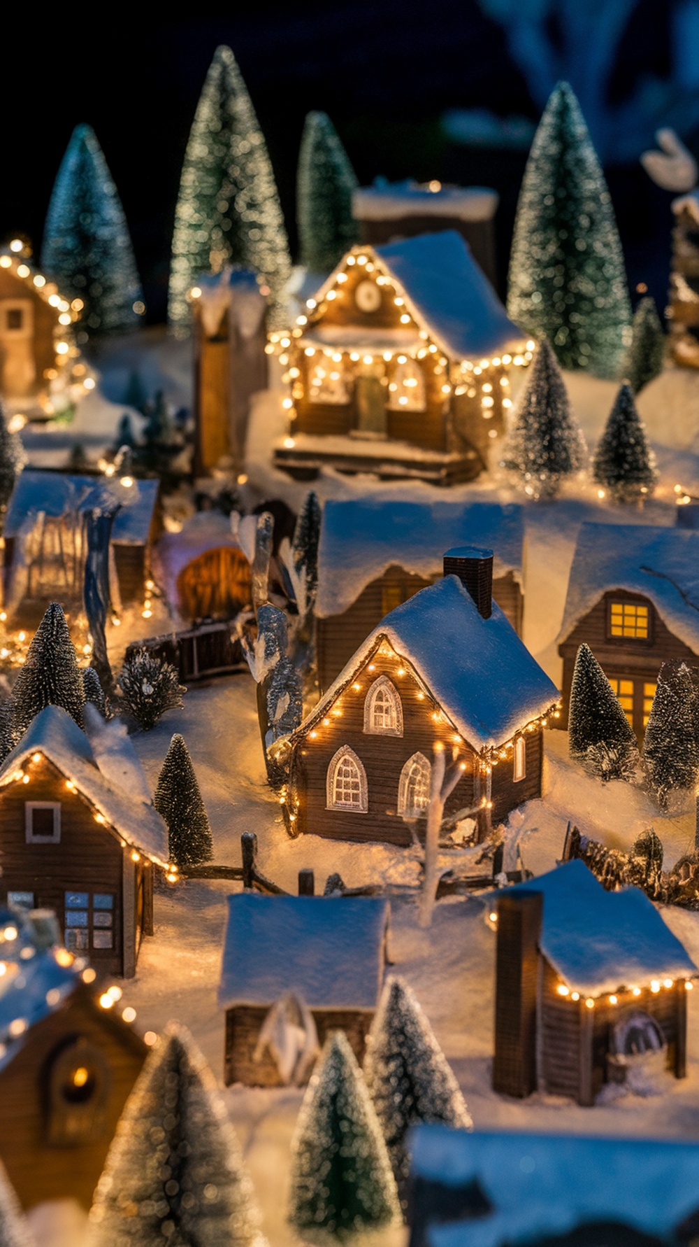 A miniature Christmas village at night with glowing houses and snowy landscapes.