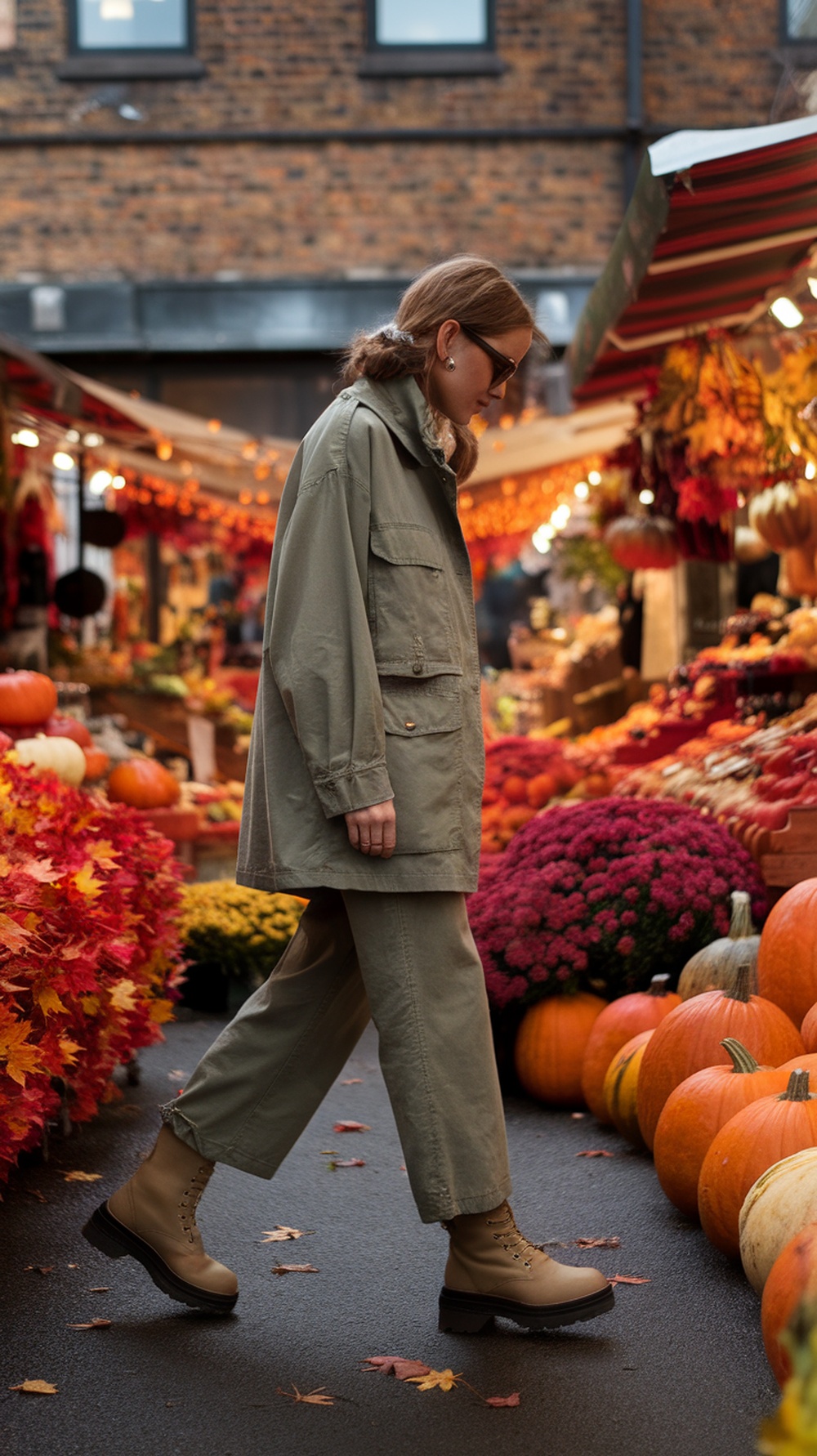 A person wearing a utility jacket and chunky boots walking through a vibrant autumn market filled with pumpkins and colorful leaves.