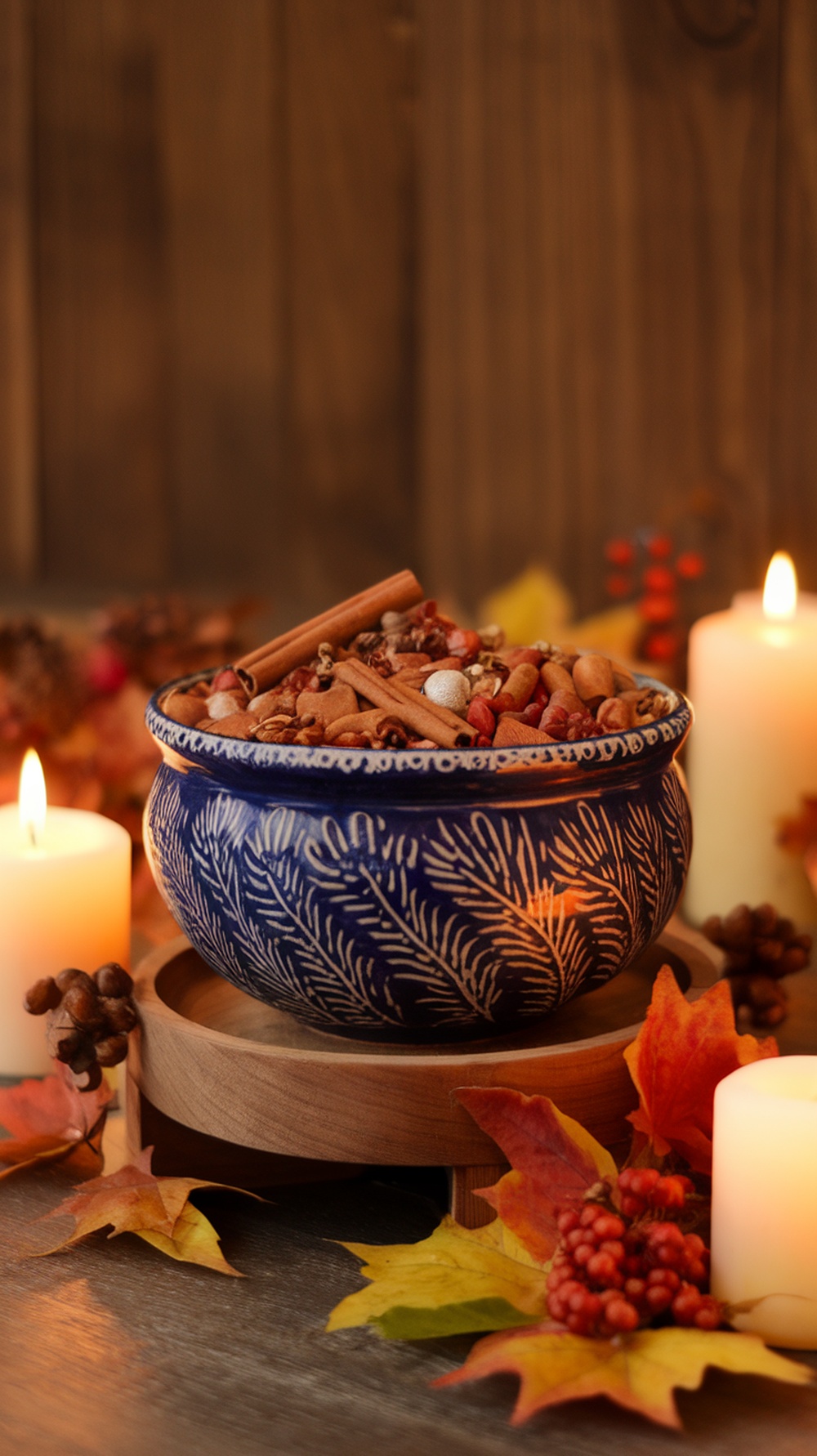 A bowl of cinnamon-scented potpourri surrounded by autumn leaves and candles.