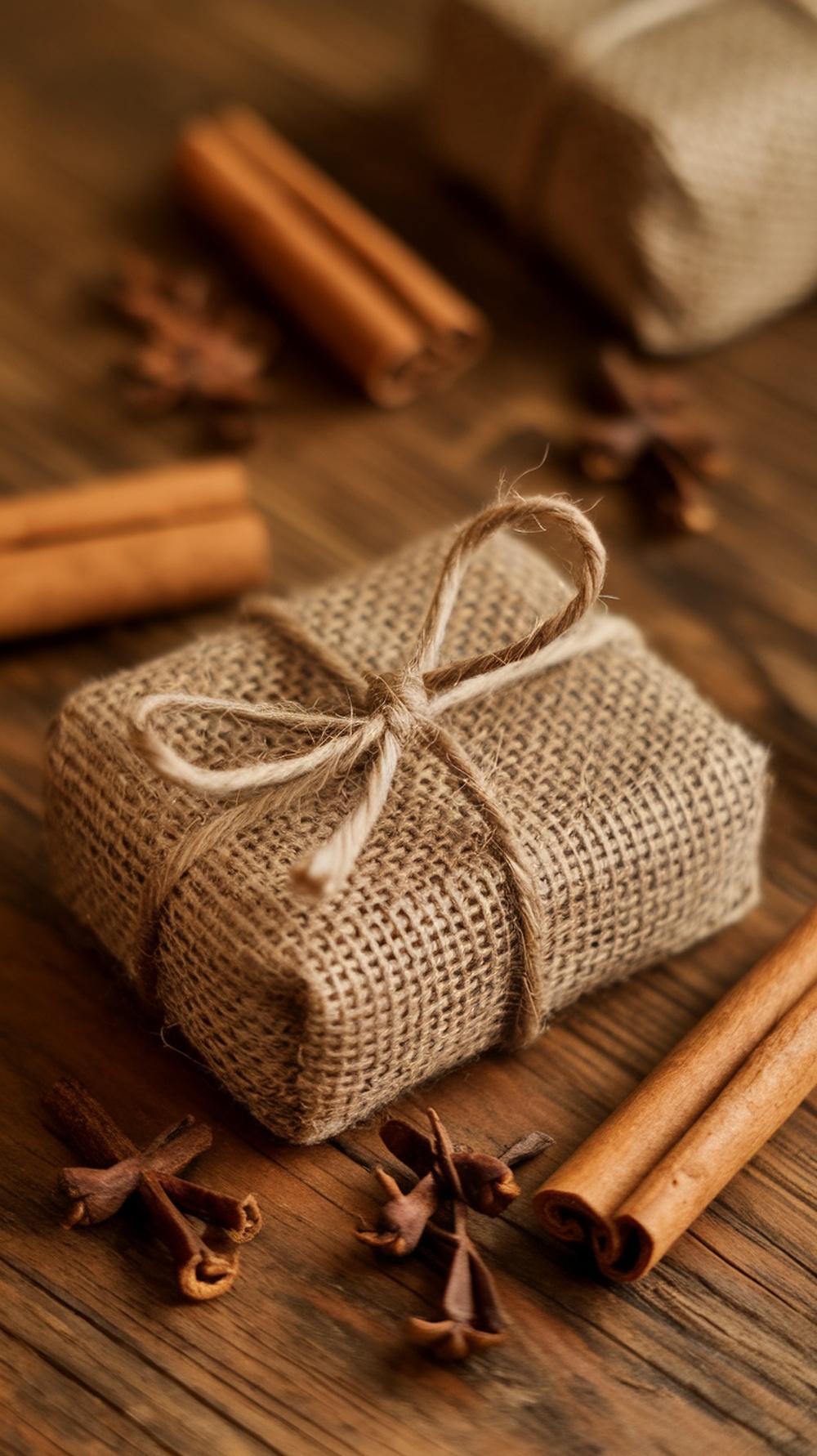 A wrapped bar of soap tied with twine, surrounded by cinnamon sticks and star anise on a wooden surface.