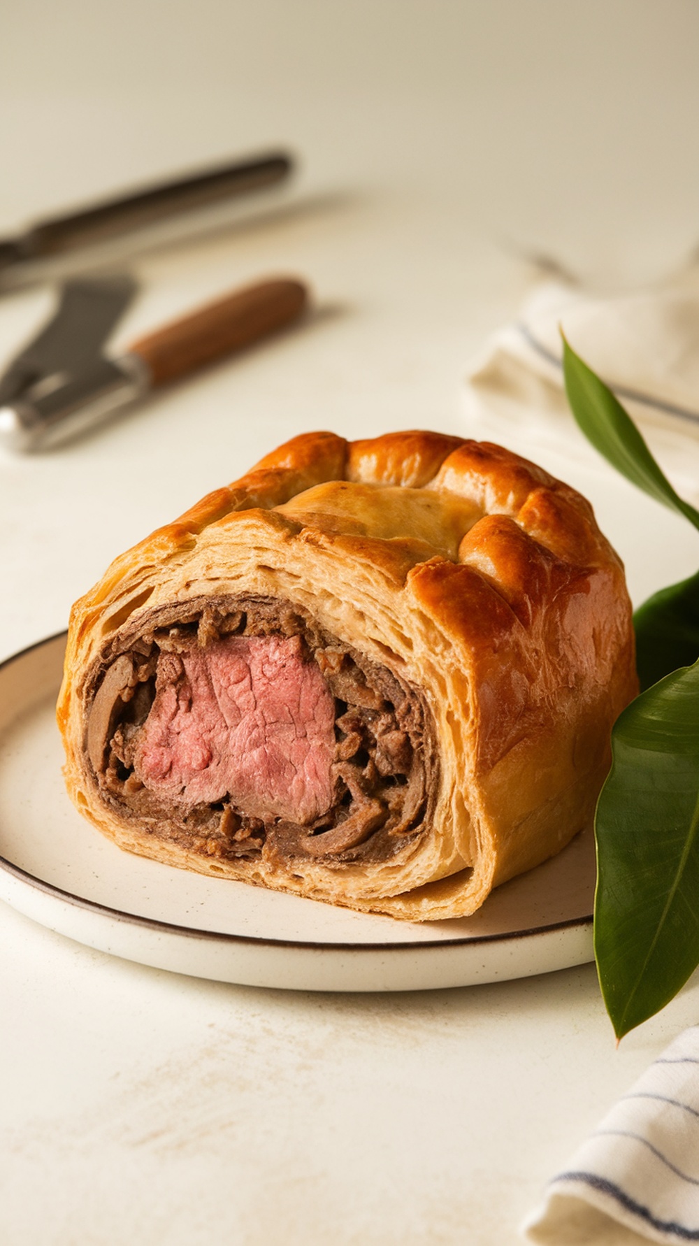 A beautifully cooked Beef Wellington on a plate, showcasing its flaky pastry and juicy beef inside.