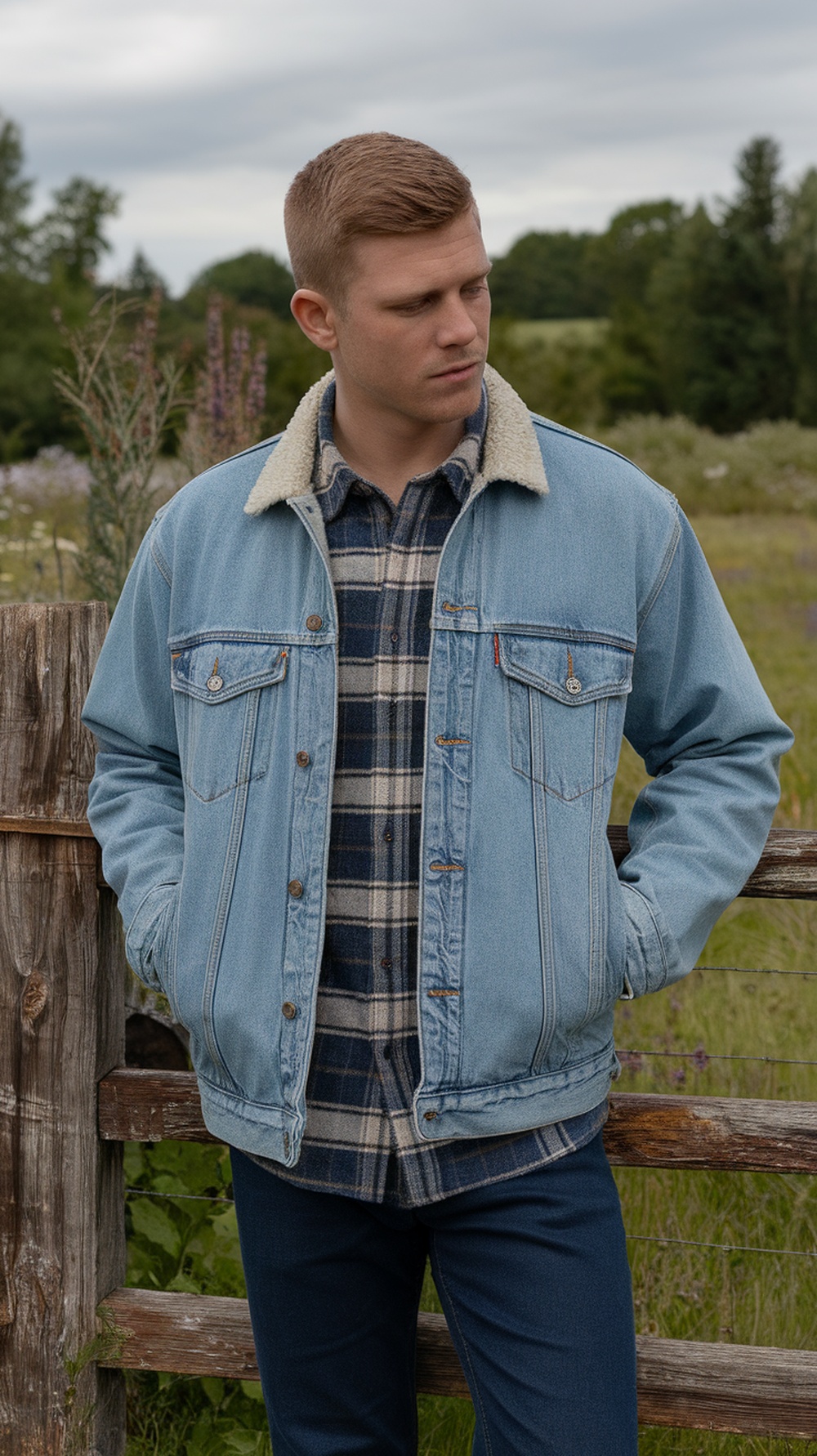 A classic denim jacket hanging on a wooden fence, layered over a flannel shirt, set against a lush green background.