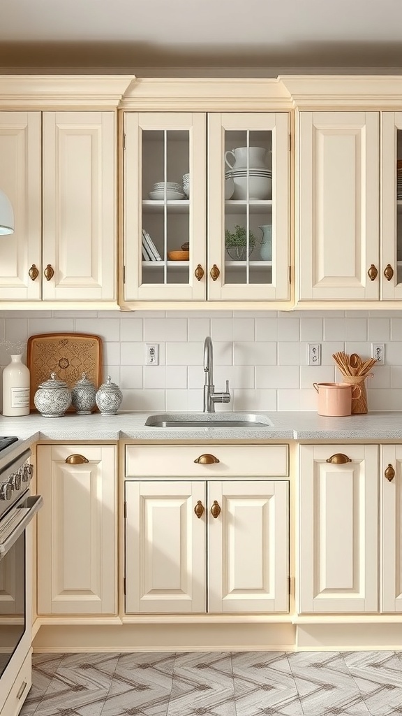 Classic Shaker cabinets in a Victorian kitchen with cream color and glass-fronted doors