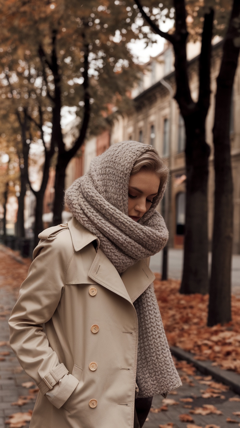 A woman wearing a classic trench coat and a chunky scarf, walking on a street lined with autumn trees.