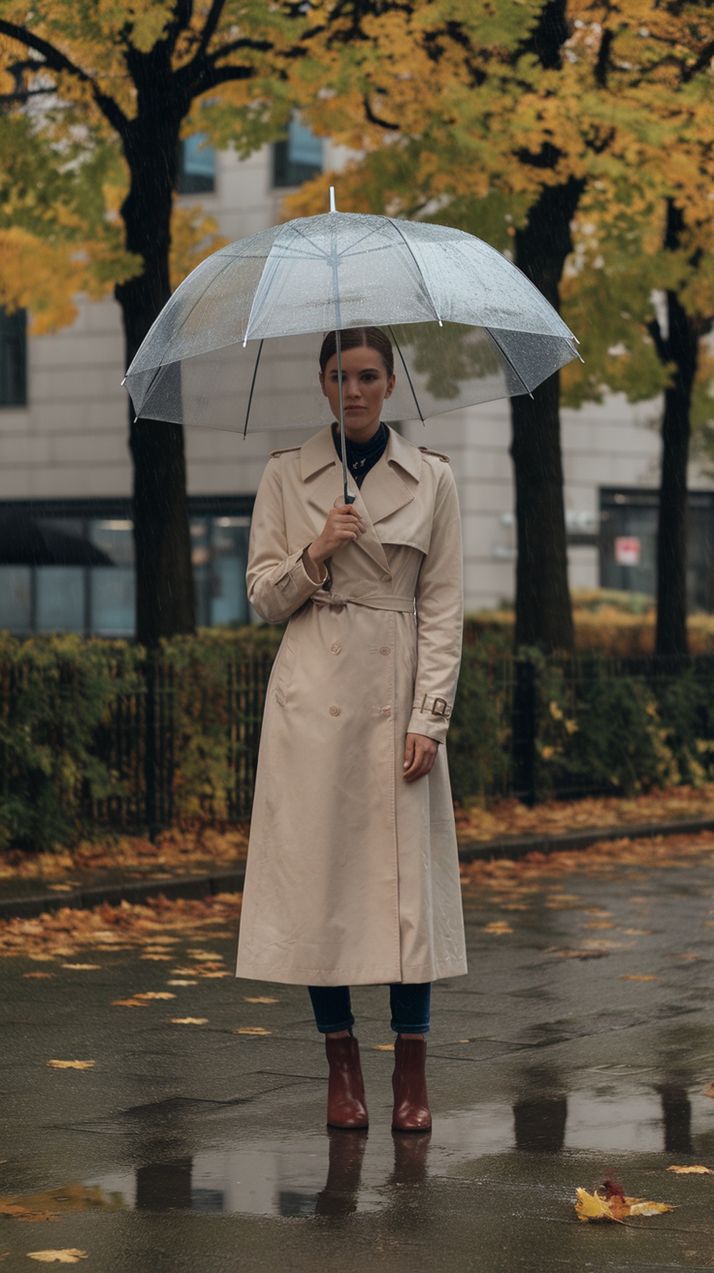A woman in a beige trench coat holding a clear umbrella, standing on a rainy street with autumn leaves around.