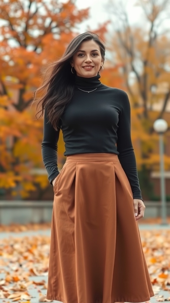A woman wearing a black turtleneck and a brown A-line skirt, standing outdoors with autumn leaves in the background.