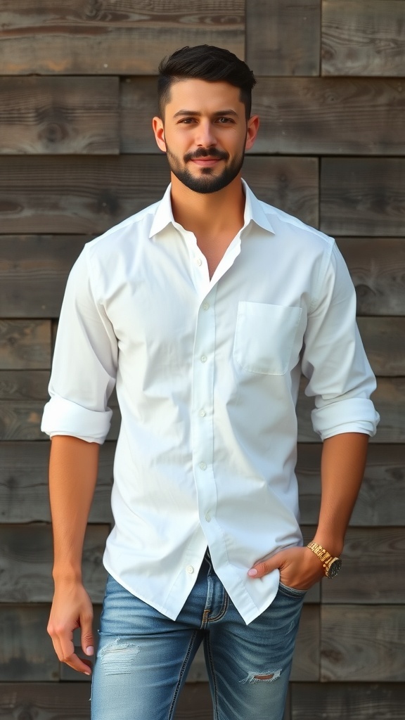 A classic white shirt paired with distressed jeans, set against a wooden background.