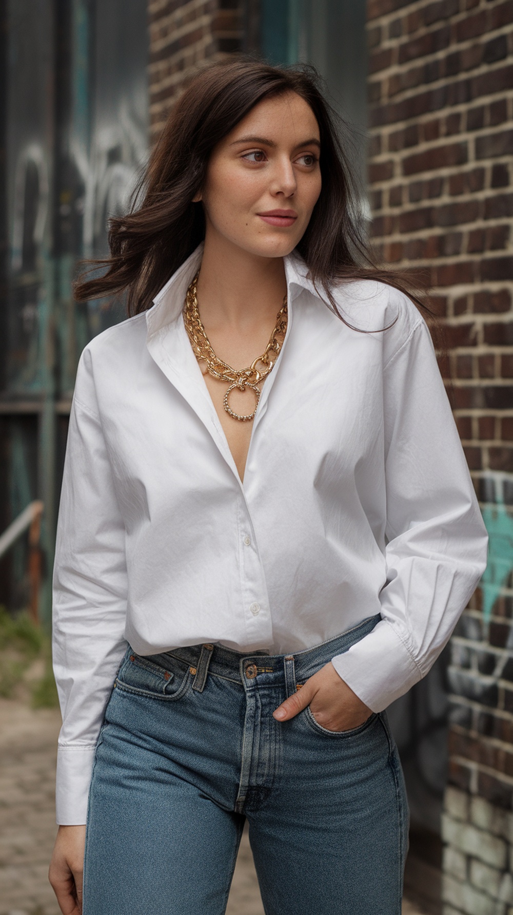 A model wearing a classic white shirt and vintage jeans, styled with a bold necklace.