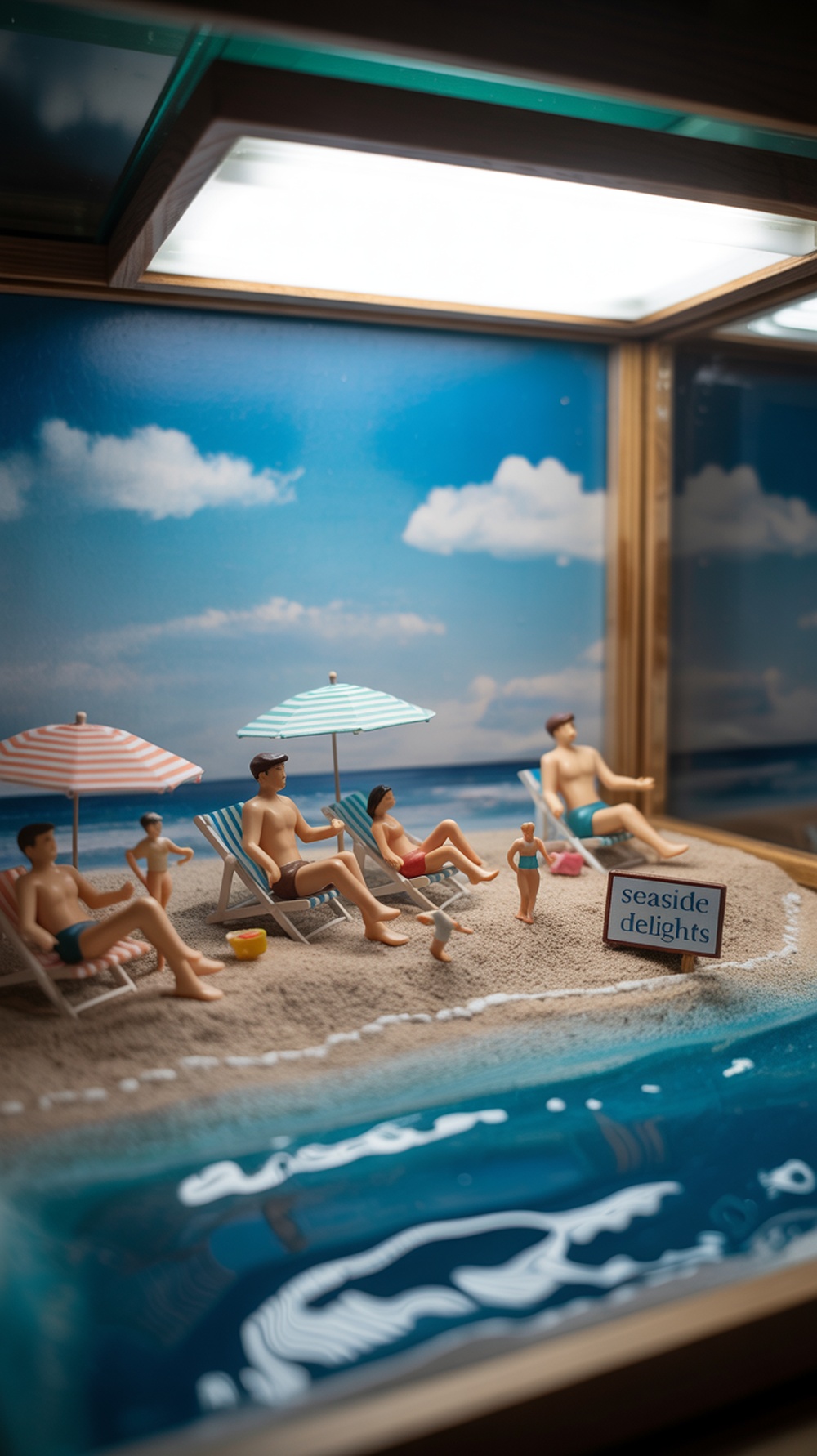 A coastal beach scene with umbrellas, people enjoying the sun, and gentle waves.