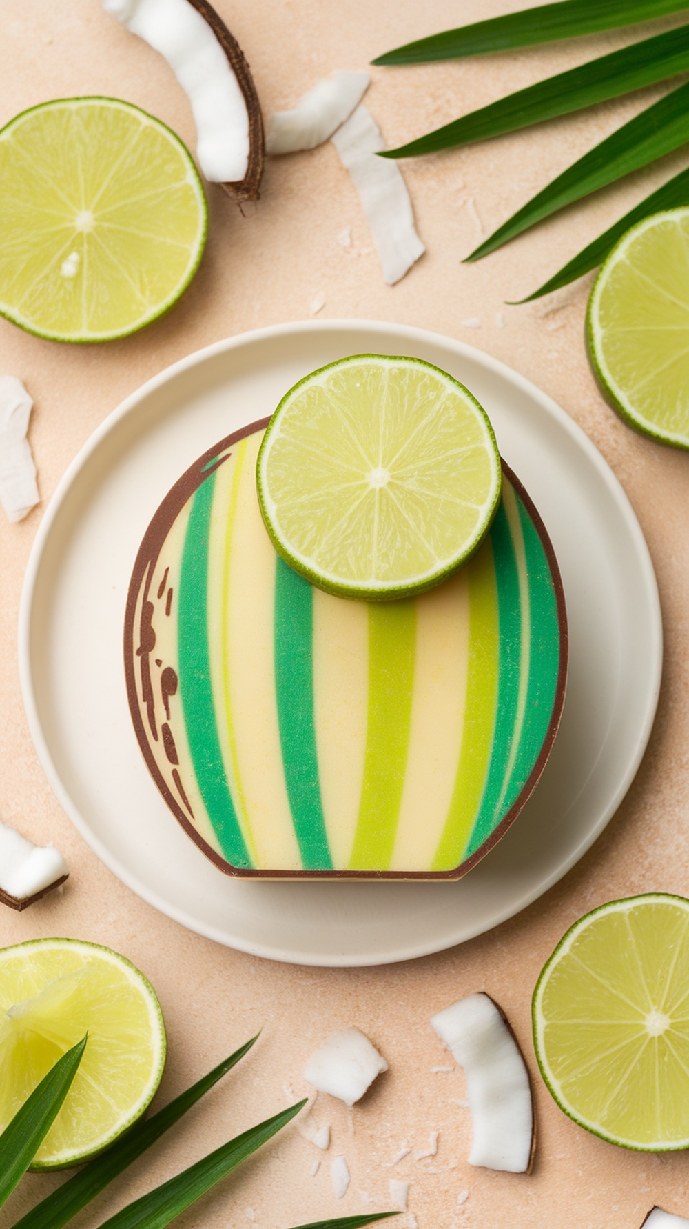 A colorful soap shaped like a coconut with lime slices and coconut flakes around it.