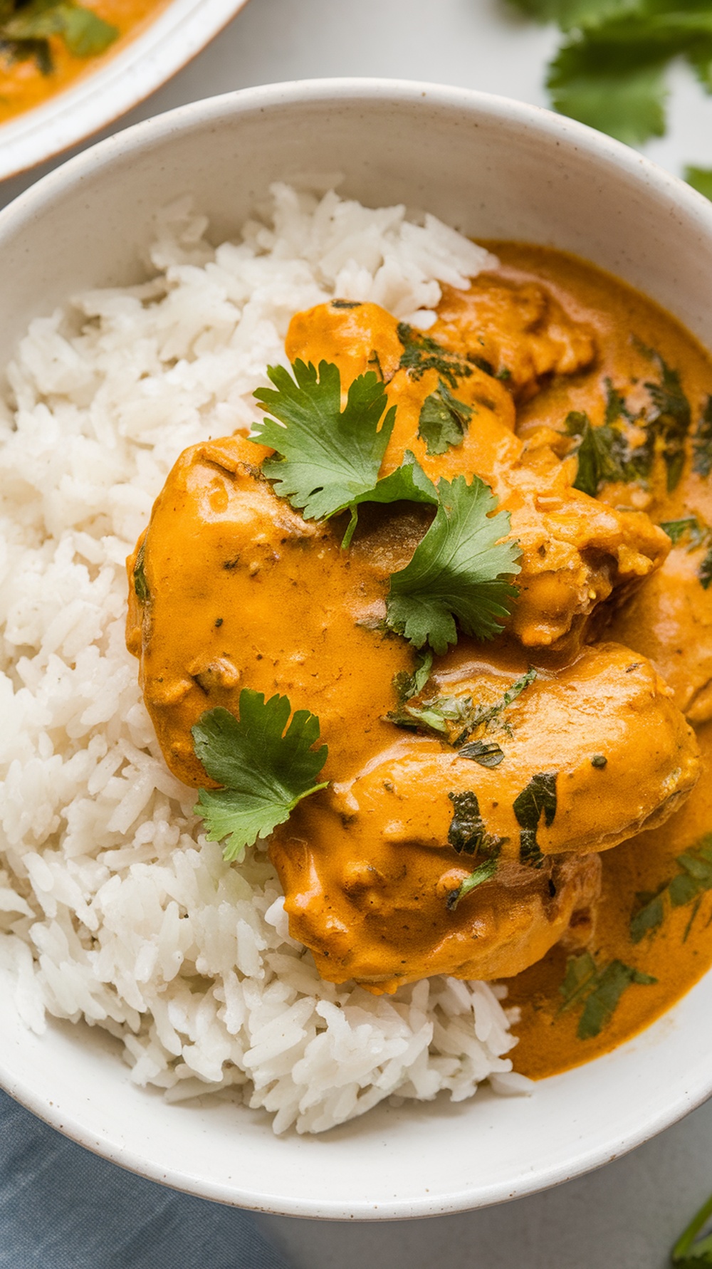 A bowl of Coconut Curry Chicken served over rice, garnished with fresh cilantro.