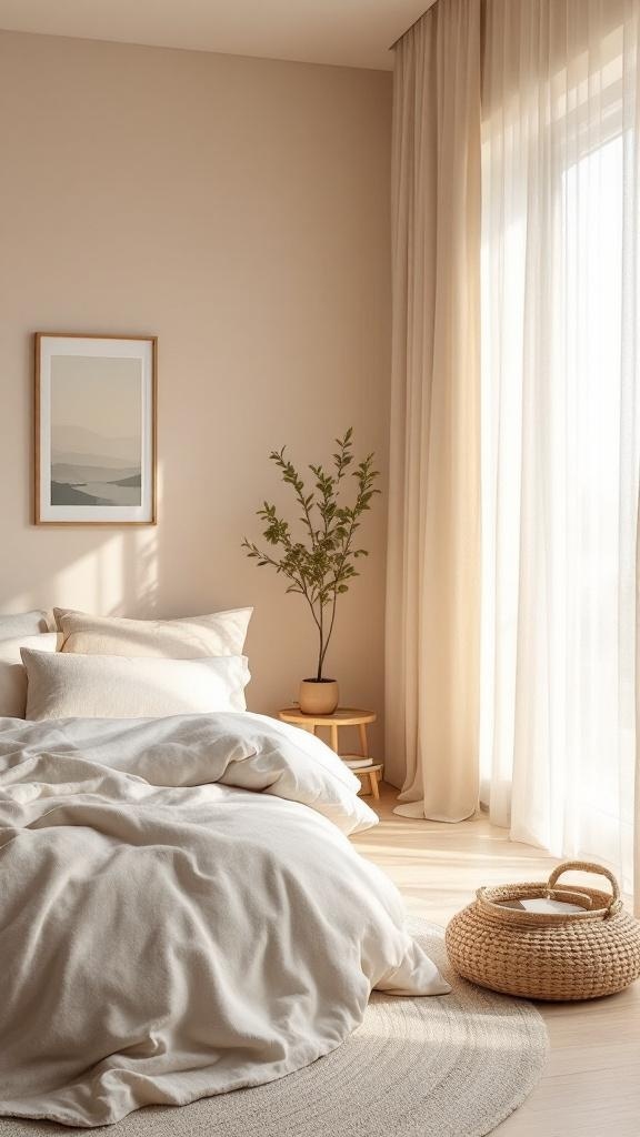 A cozy Japandi bedroom featuring soft pink walls, a yellow bedspread, and natural wood furniture.