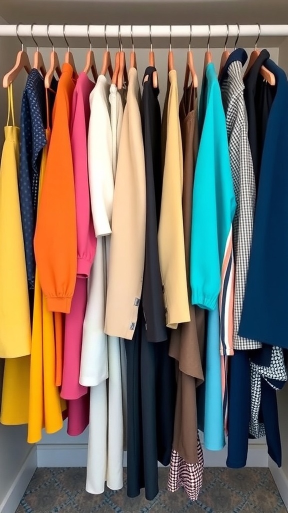 A color-coded closet with a variety of clothing items arranged neatly.