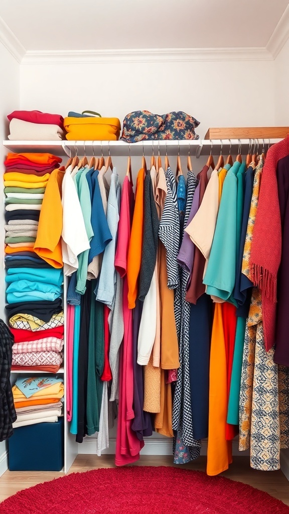 A well-organized closet with clothes arranged by color, showcasing a neat and visually appealing storage solution.