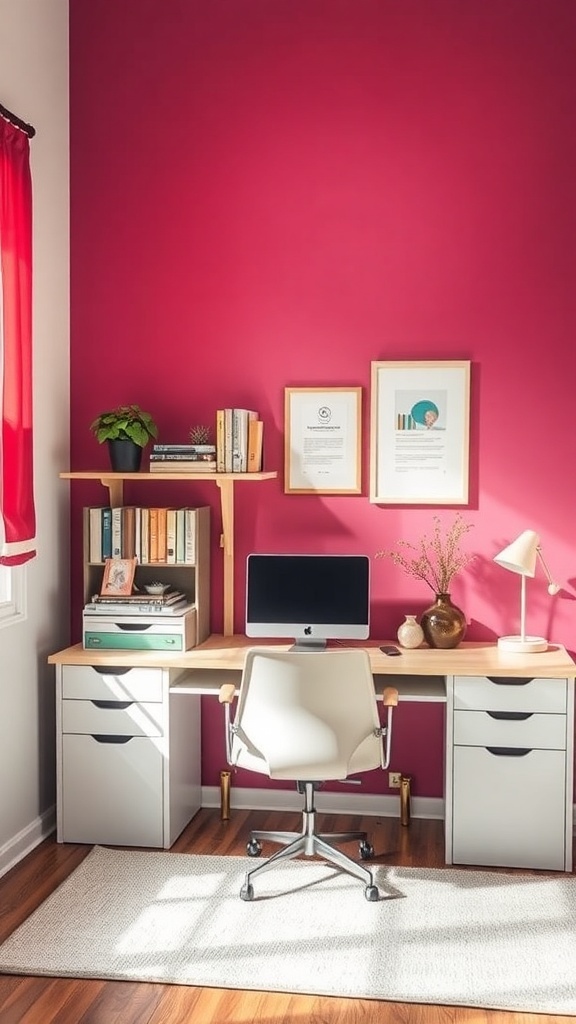 Home office with a colorful pink accent wall, modern desk, and decorative elements.