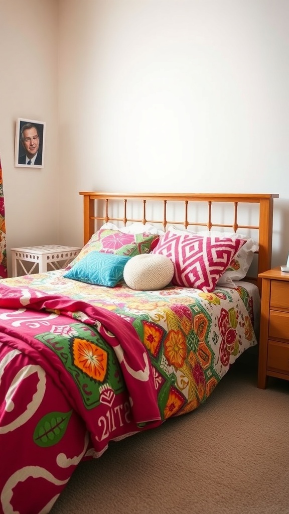 A colorful dorm room bed with vibrant bedding and decorative pillows.