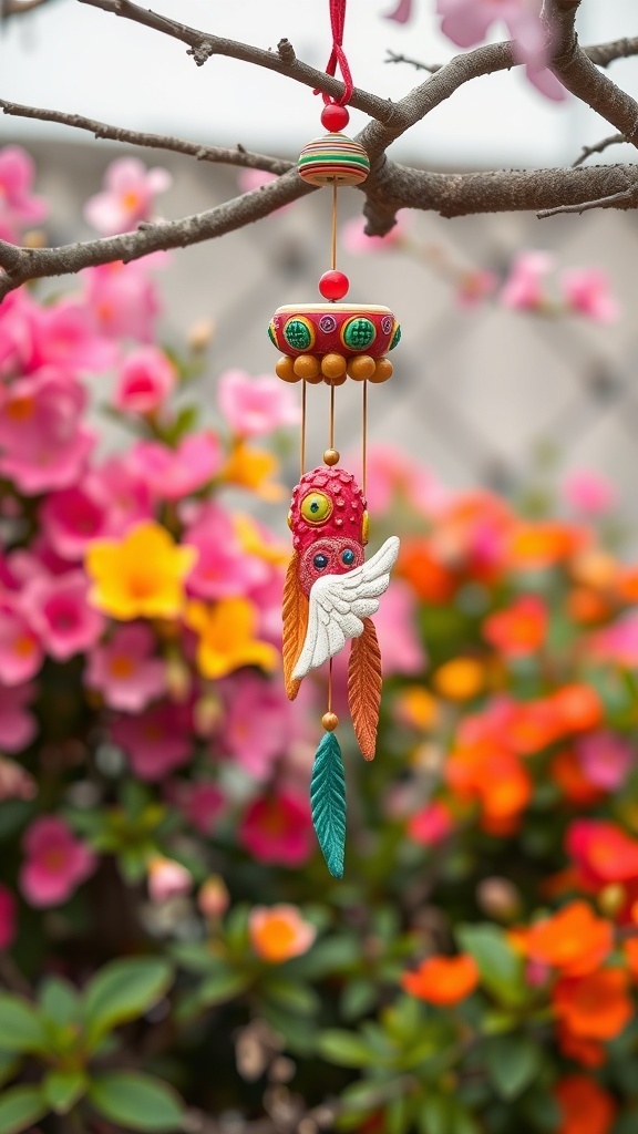 Colorful ceramic wind chimes hanging from a tree branch with flowers in the background.