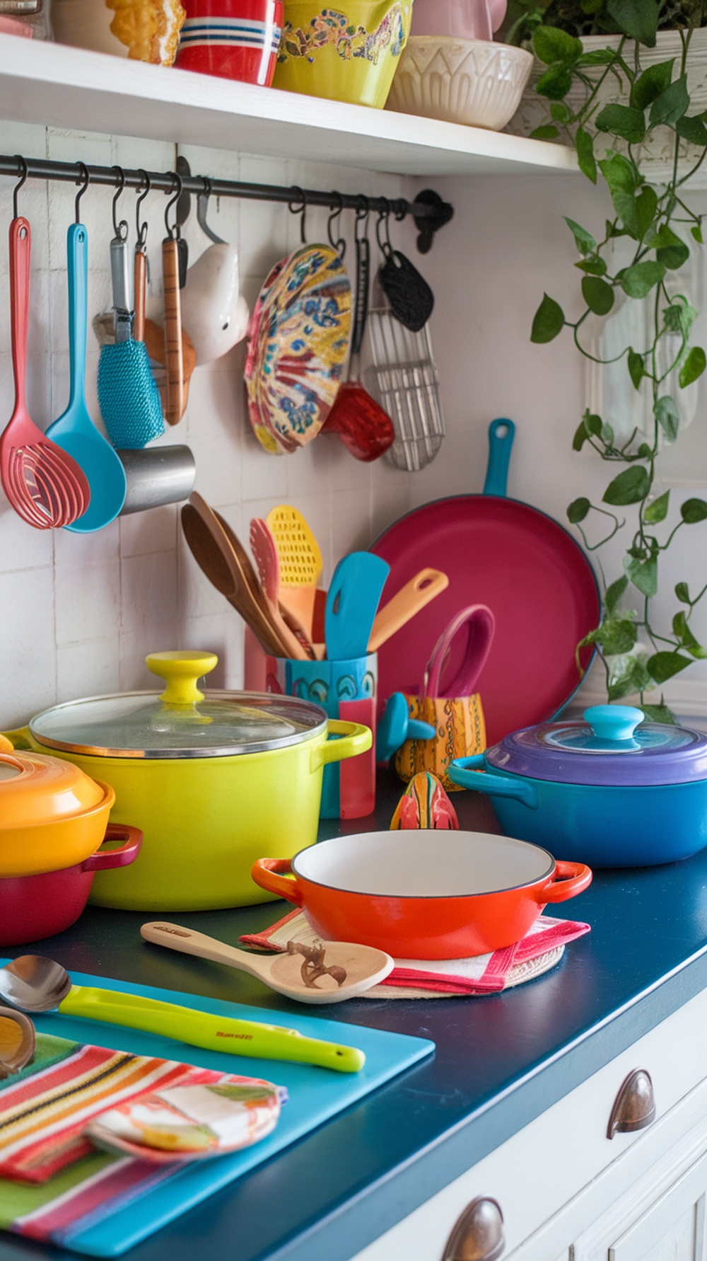 A colorful kitchen scene featuring vibrant pots, utensils, and decor on a countertop.