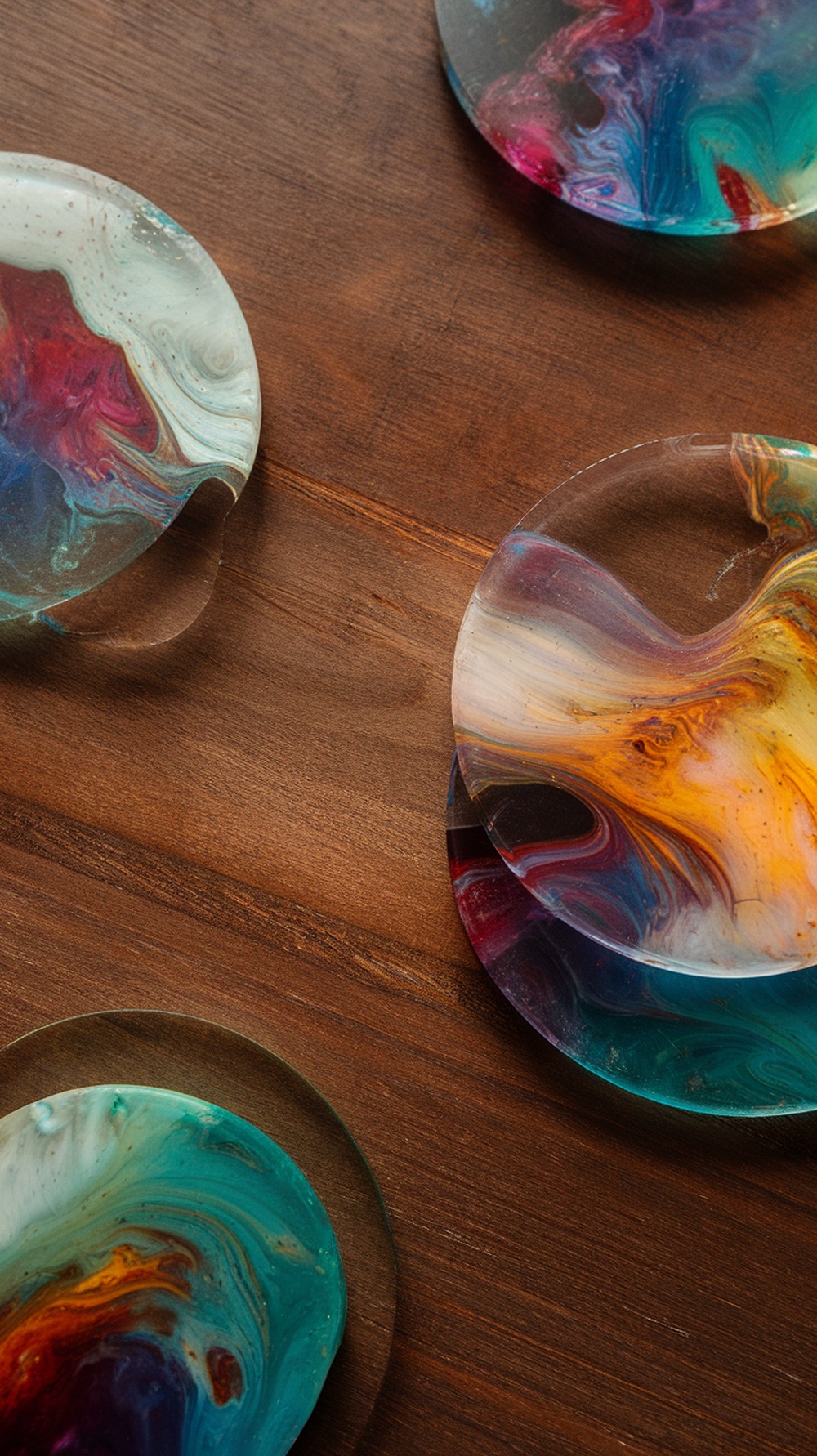 Colorful resin coasters with swirling patterns on a wooden surface.