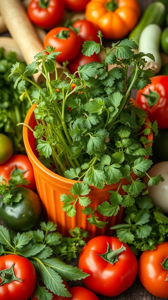 A colorful salad herb garden featuring fresh cilantro in an orange pot surrounded by ripe tomatoes.