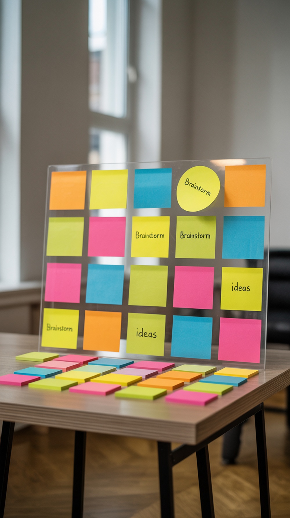 A desk cluttered with colorful sticky notes in various shades, stuck on a lamp and a wooden block.