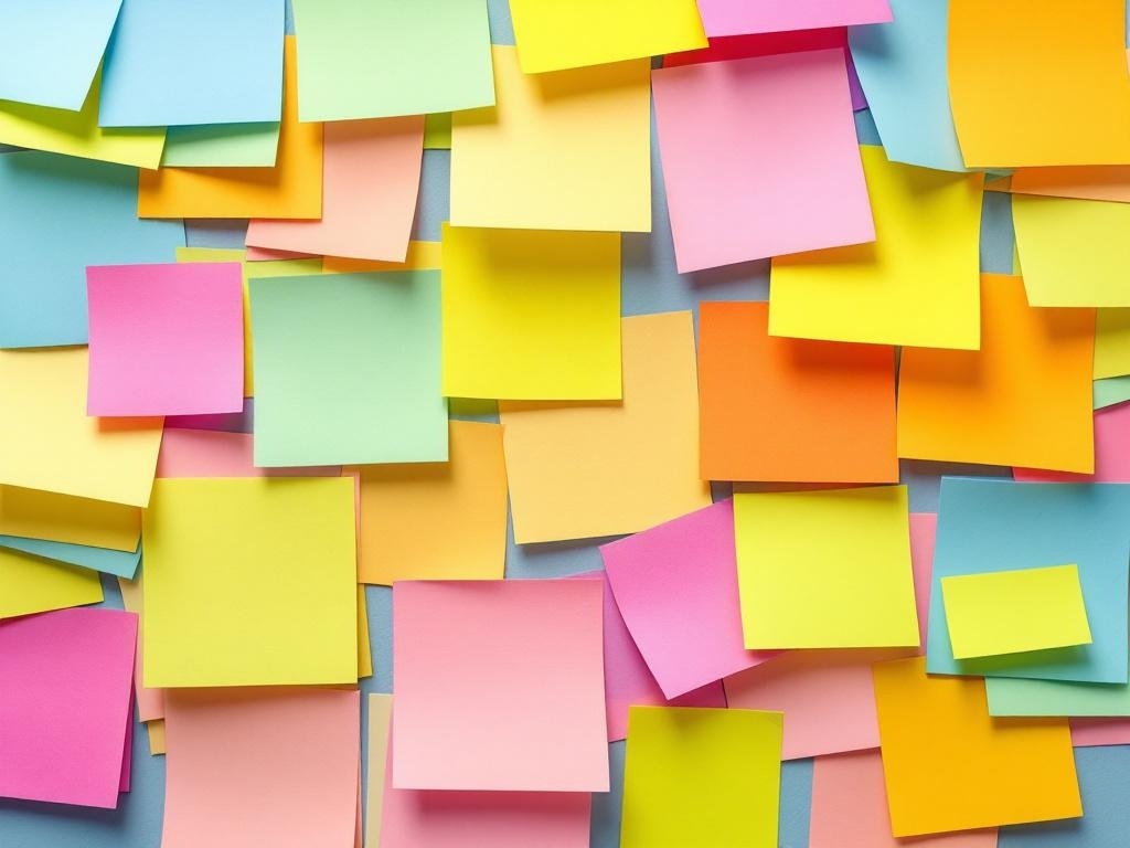 A variety of colorful sticky notes in different shades scattered across a surface.