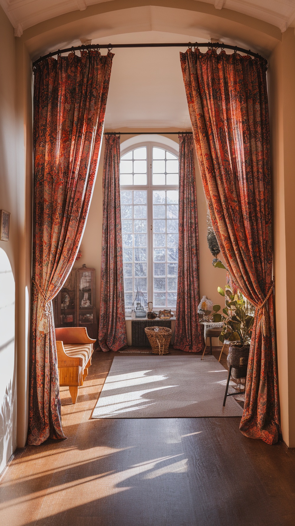 A cozy room with colorful patterned curtains framing a large window, showcasing a warm and inviting atmosphere.