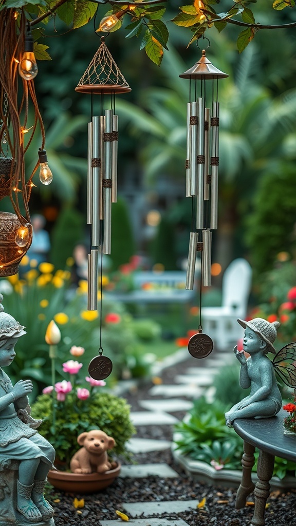 A serene garden scene featuring wind chimes, statues, and colorful flowers.