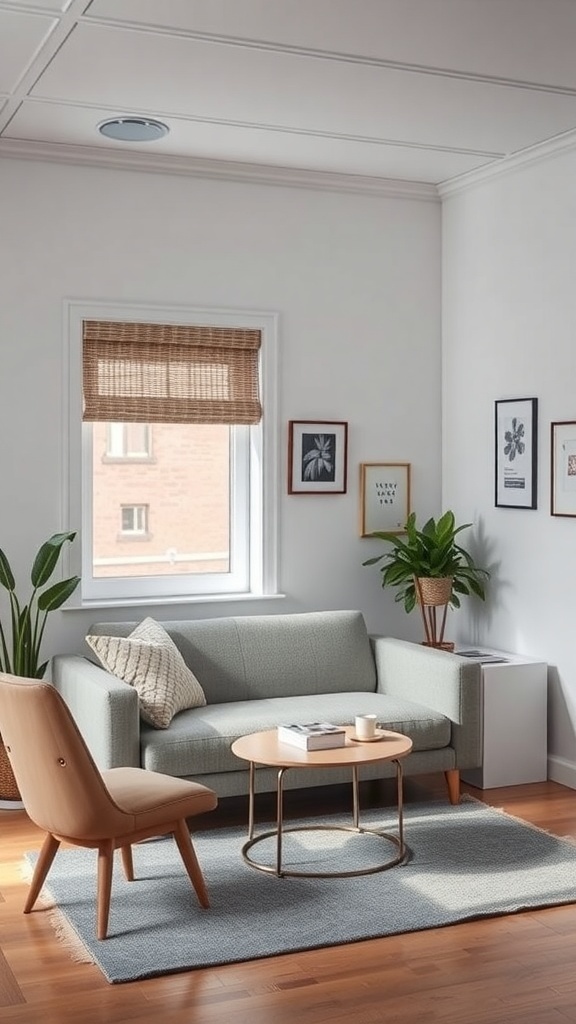 A cozy home office break area featuring a sofa, chair, coffee table, and plants.
