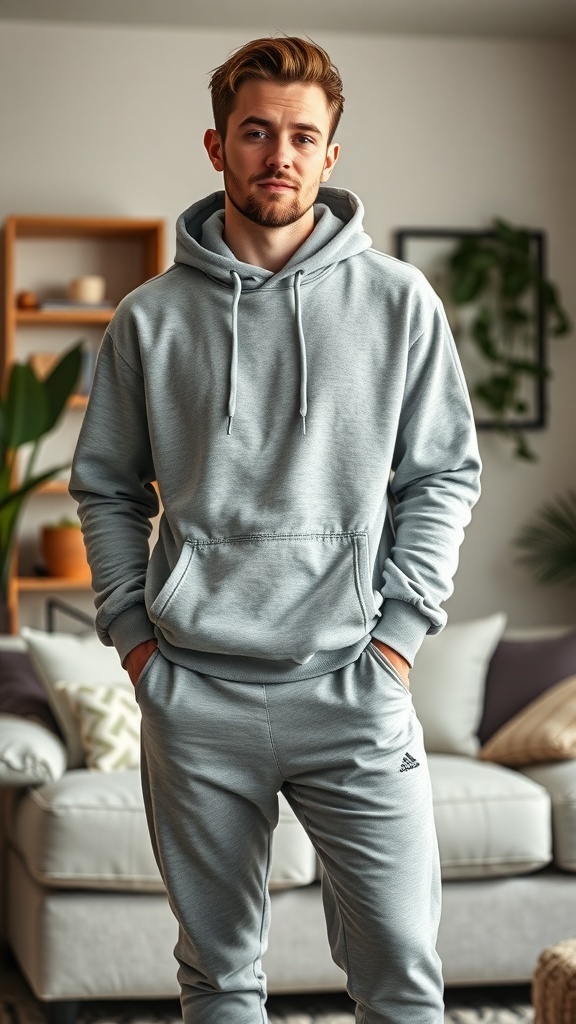A person wearing a gray hoodie and joggers, standing in a cozy indoor setting.