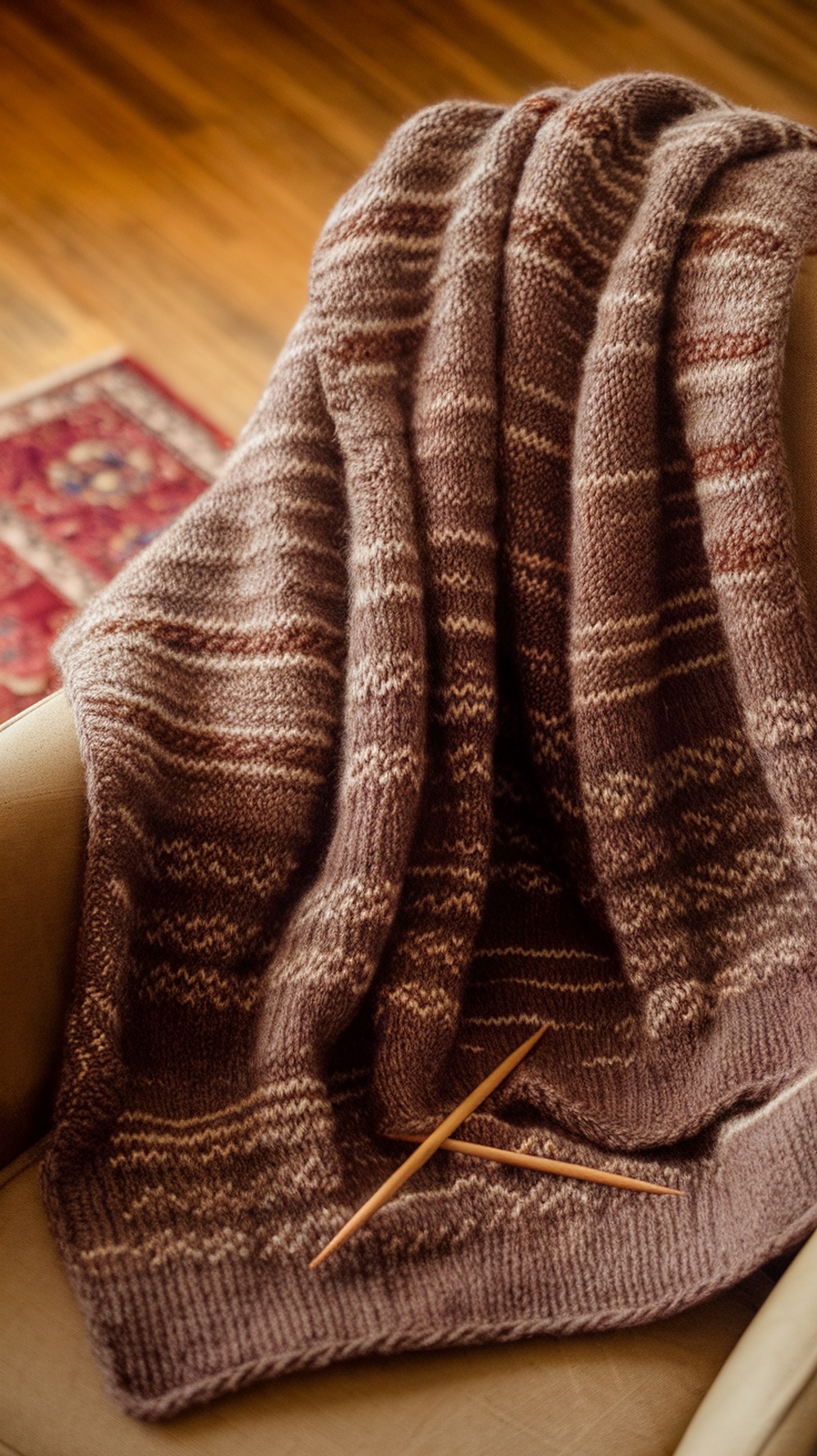 A cozy knitted scarf draped over a chair with knitting needles resting on top.
