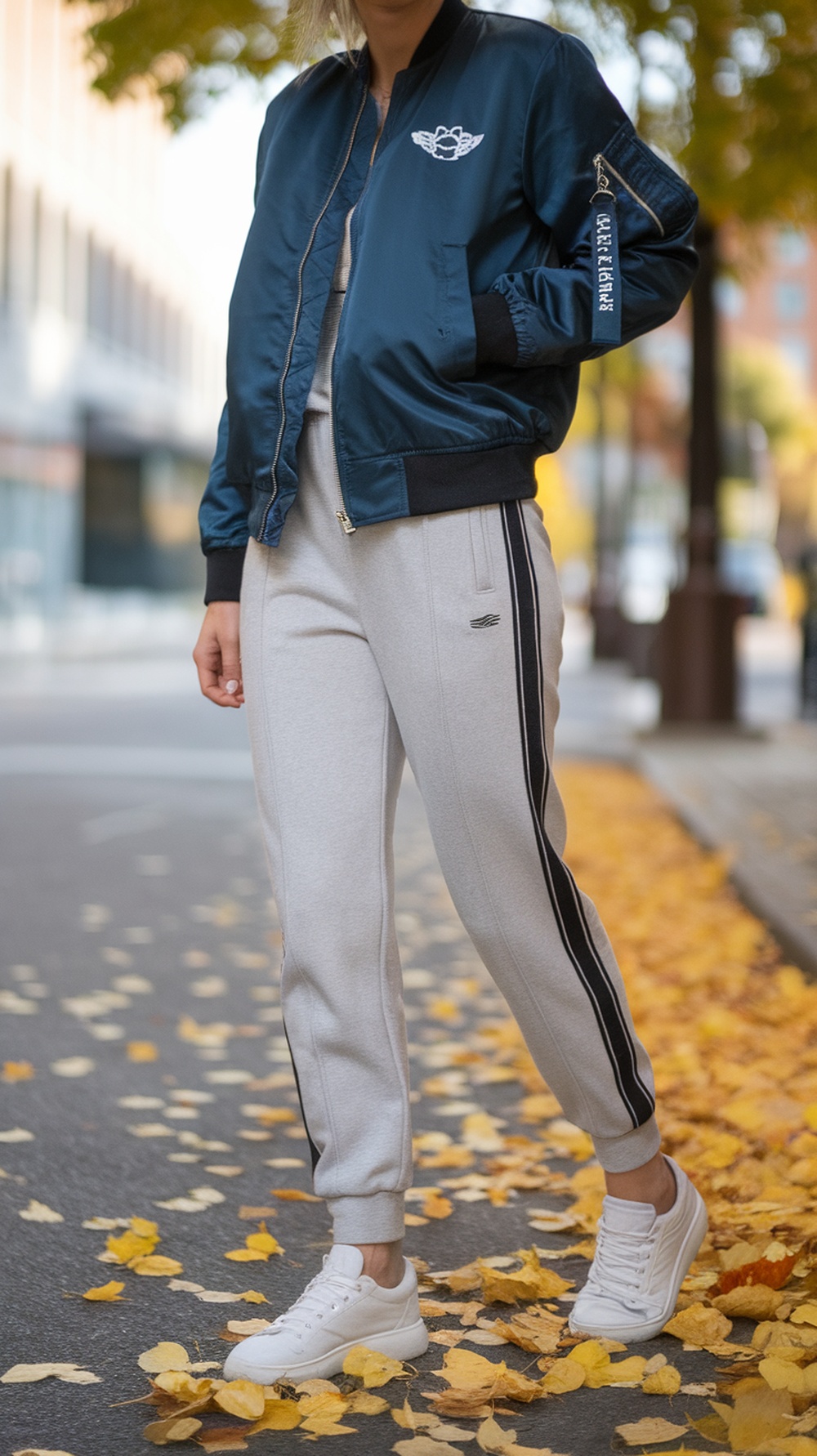 A person wearing comfy joggers and a stylish bomber jacket, walking on a street covered with autumn leaves.