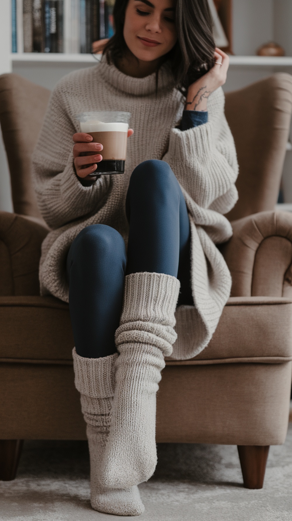 A woman sitting comfortably in a cozy oversized sweater and leggings, holding a drink.