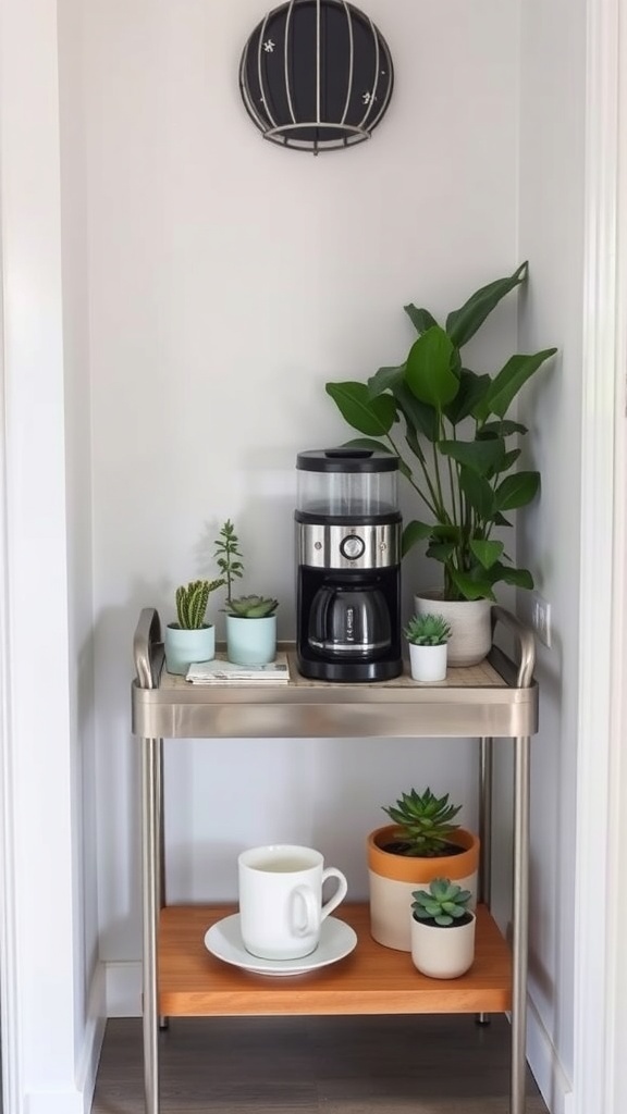 A compact coffee cart with a coffee maker and potted plants in a small space.