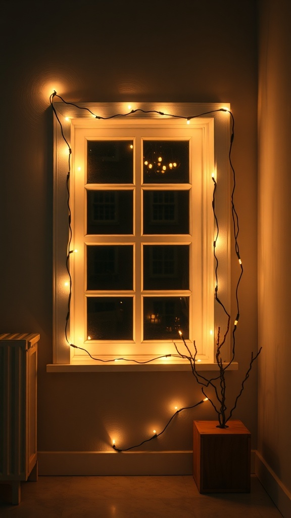 A cozy window decorated with string lights, creating a warm holiday atmosphere.