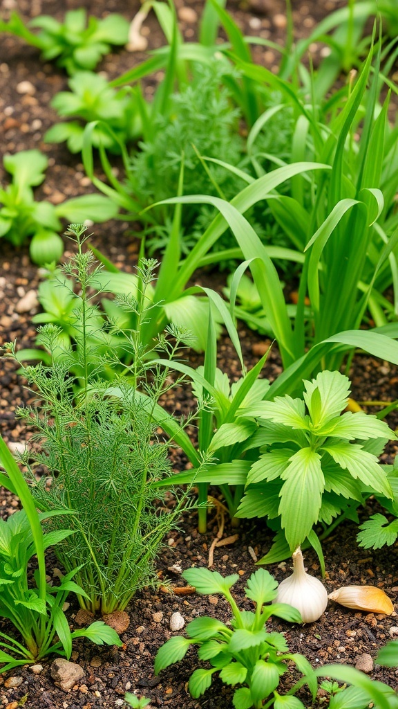 A garden bed with various herbs and vegetables, including garlic and dill, ideal for fermentation.