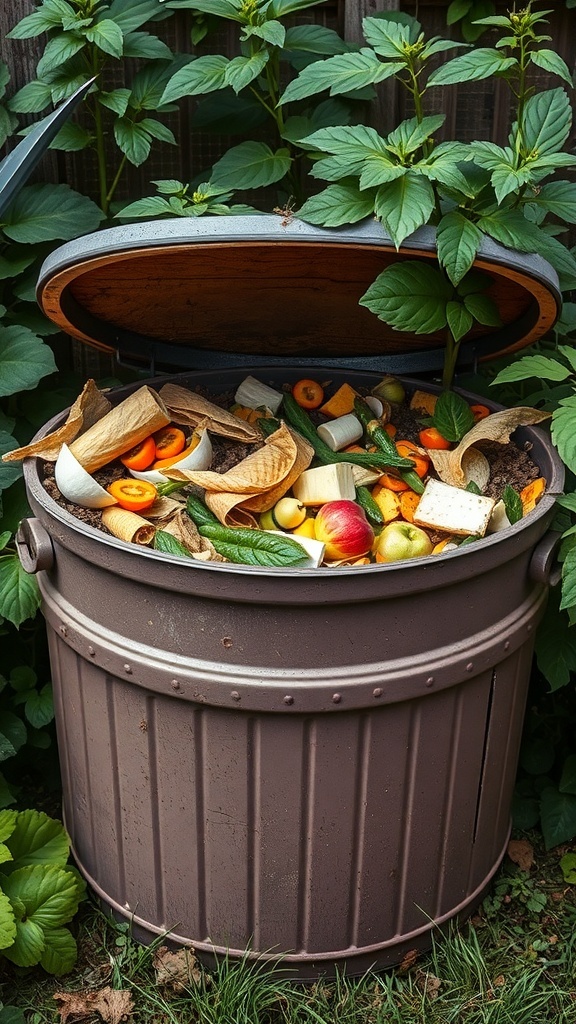 A compost bin filled with kitchen scraps like vegetable peels and fruit scraps surrounded by green plants.