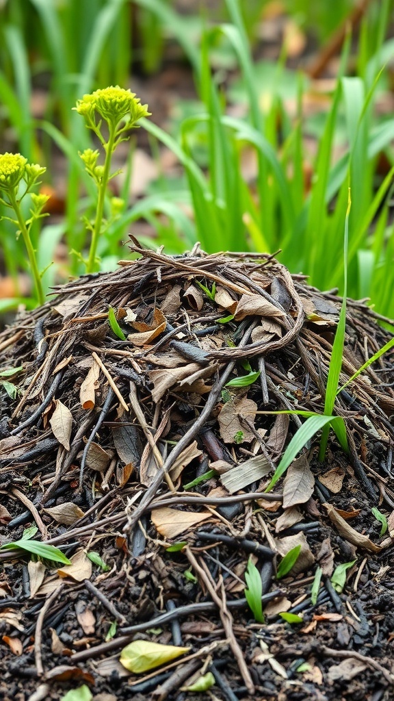 A compost pile made of leaves and twigs with green plants in the background.
