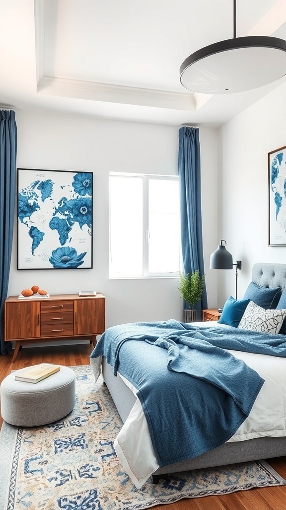 A contemporary bedroom featuring blue and white art, blue curtains, and cozy bedding.