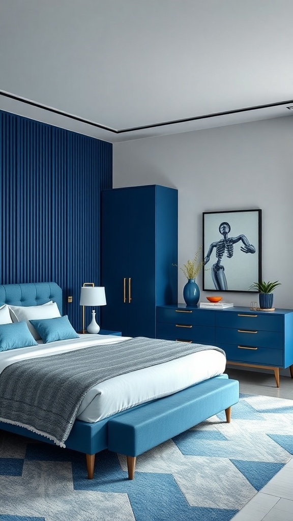 A contemporary blue and white bedroom featuring a blue upholstered bed, matching dresser, and a cozy ottoman.