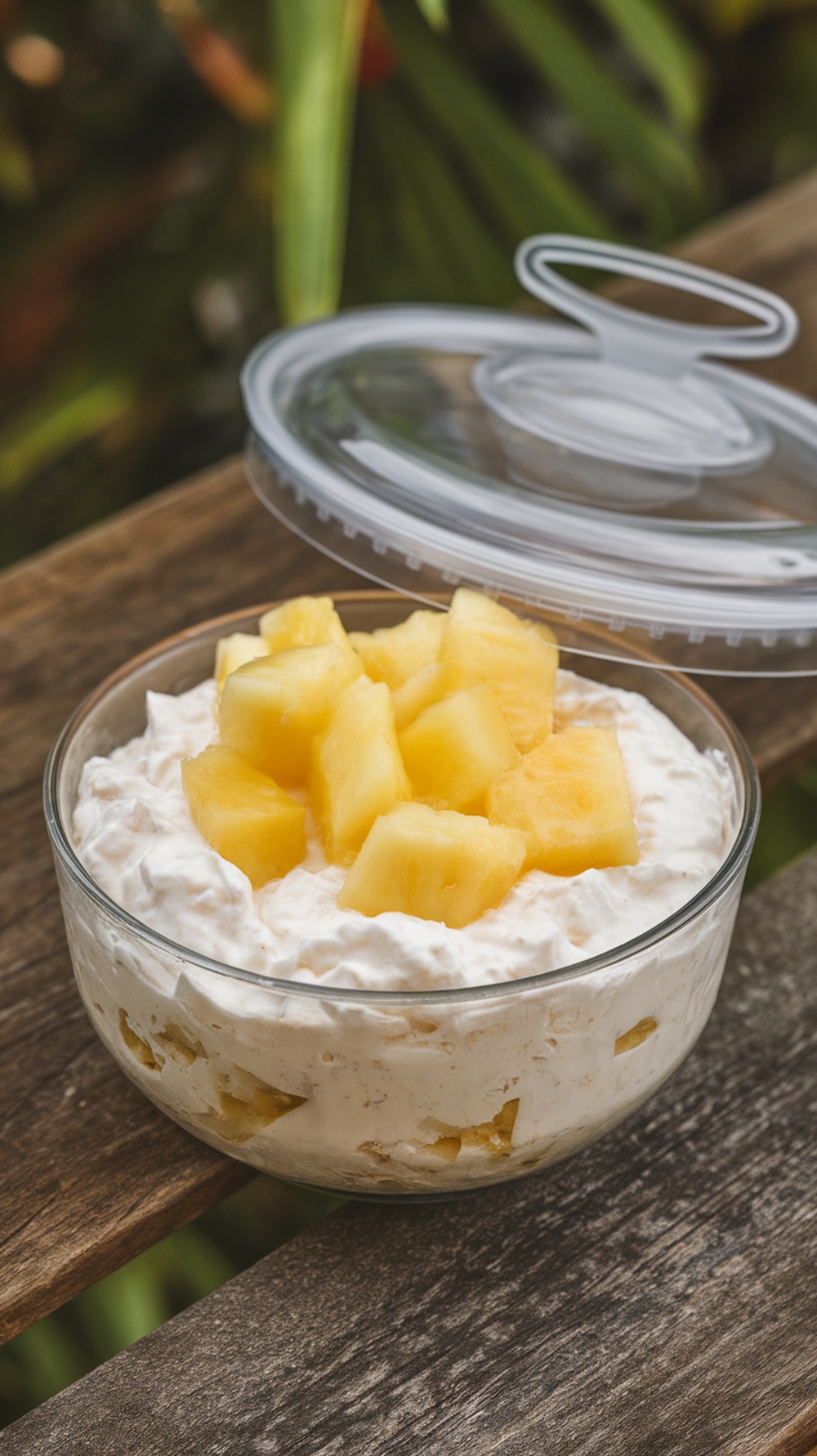 A bowl of cottage cheese topped with pineapple chunks, ready for a lunch box.