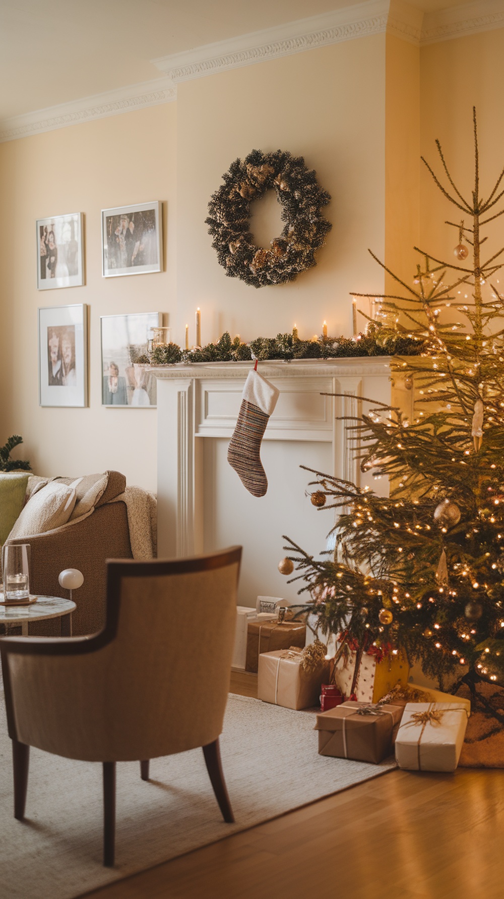 Cozy living room decorated for the holidays with a Christmas tree, candles, and a wreath.